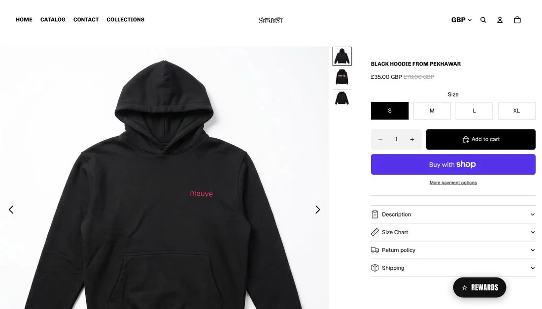 Shabist product page: hoodie gallery, size selector S to XL, add to cart, Buy with Shop Pay