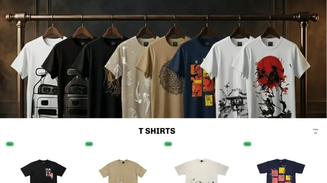 Shabist graphic T-shirts on a clothing rack above the T Shirts collection