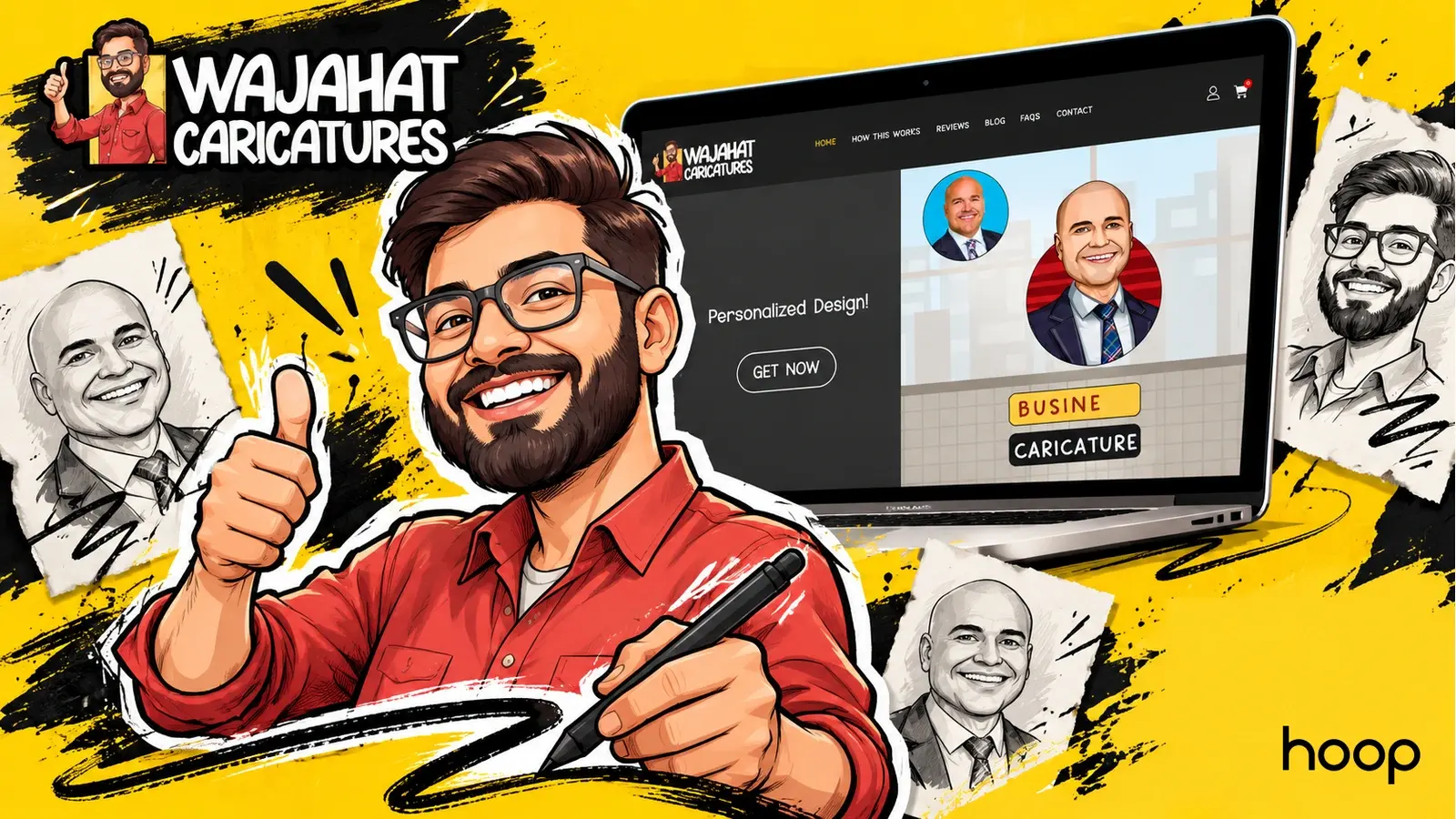 Wajahat Caricatures digital products platform homepage: personalized business caricature design, live cart with PKR pricing, and a 4.9-star review widget