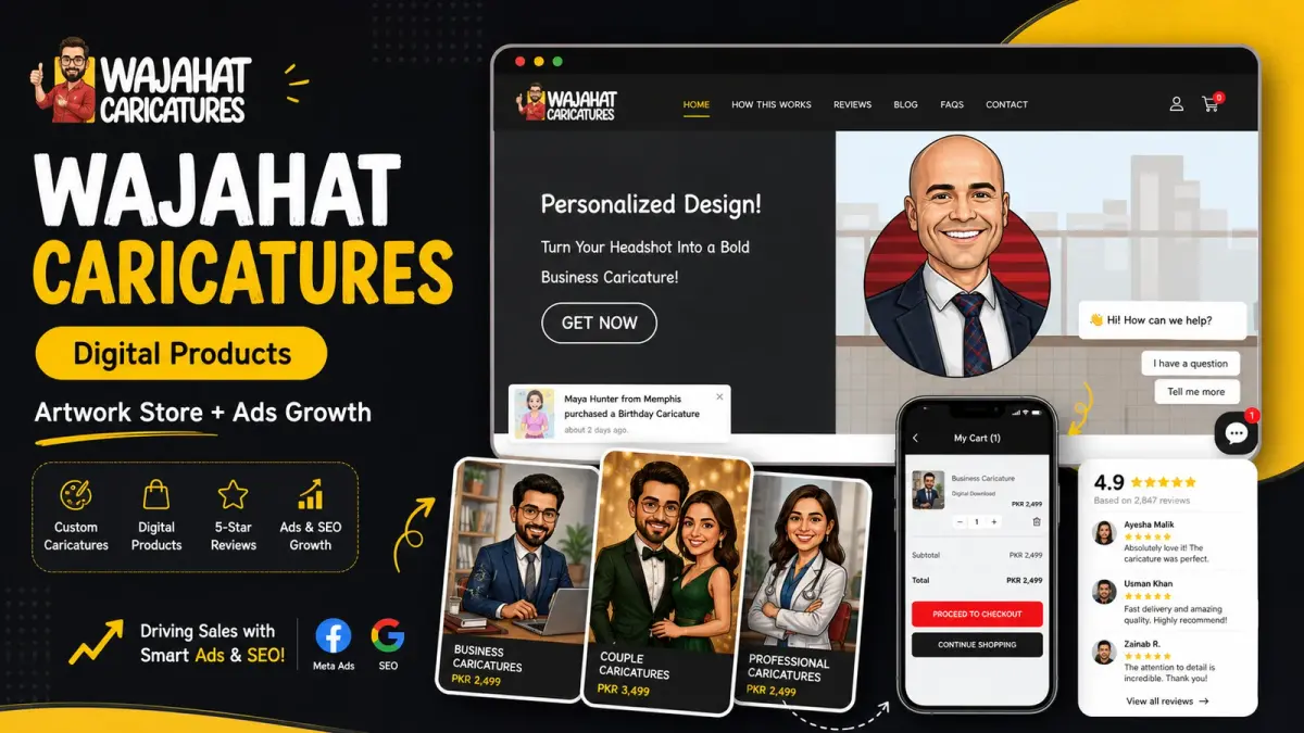 Wajahat Caricatures digital products platform homepage: personalized business caricature design, live cart with PKR pricing, and a 4.9-star review widget