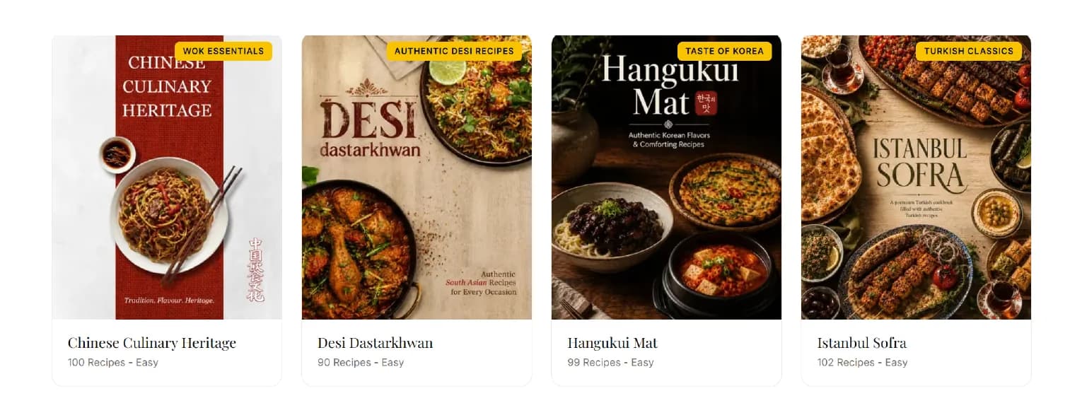 LaGrub cookbook collection including Chinese Culinary Heritage, Desi Dastarkhwan, Hangukui Mat and Istanbul Sofra