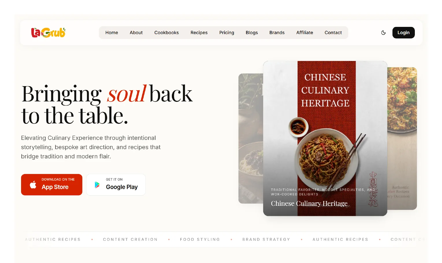 LaGrub homepage showing cookbook artwork and app download buttons