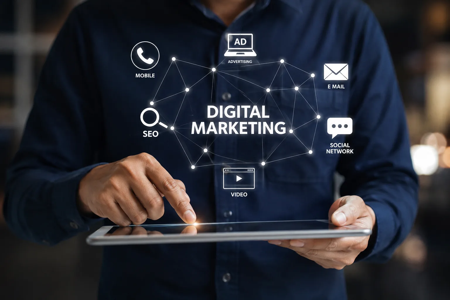 Marketer holding a tablet with a connected network of digital marketing channel icons above it