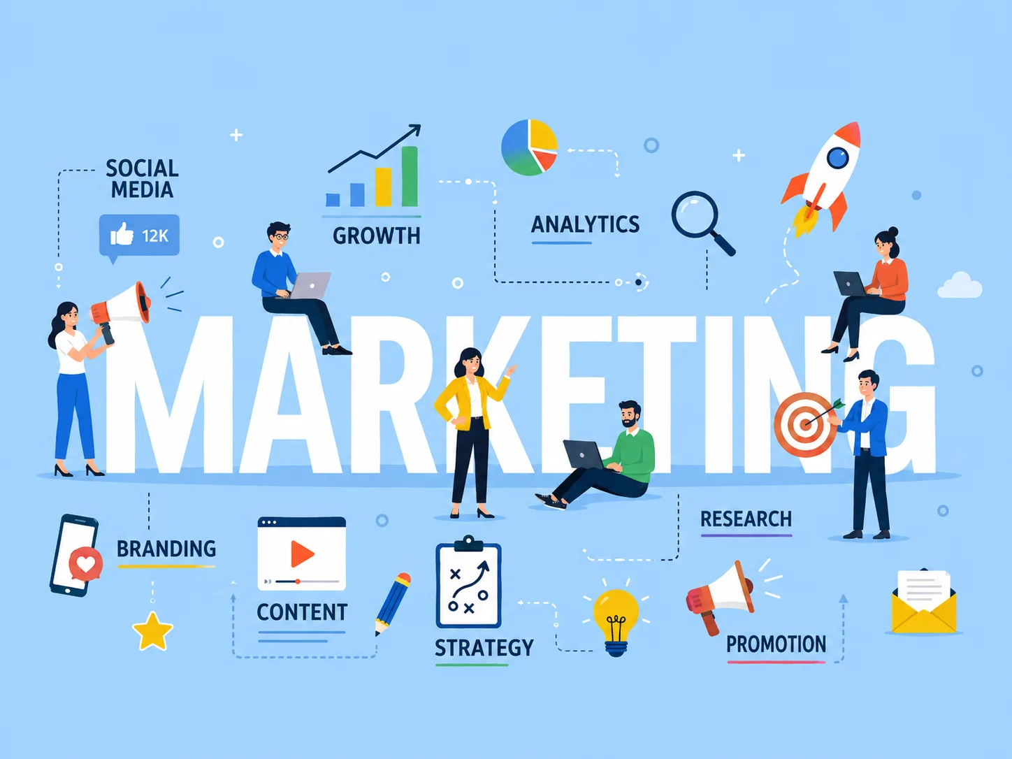 Flat illustration of a marketing team around the word marketing with growth, analytics, and content icons