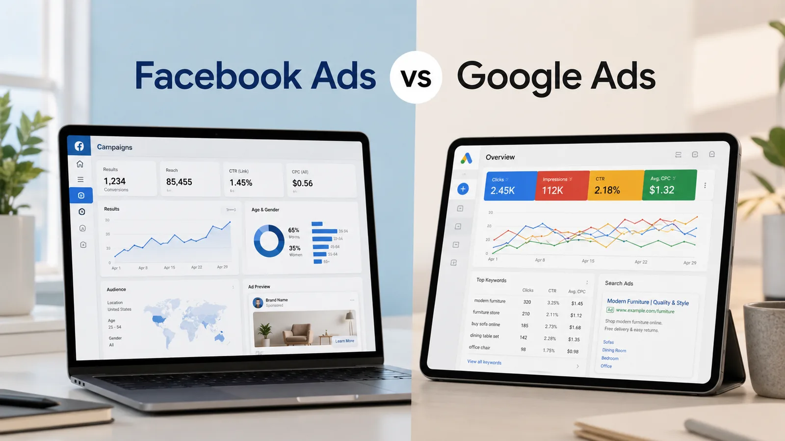 Facebook Ads versus Google Ads comparison for business advertising