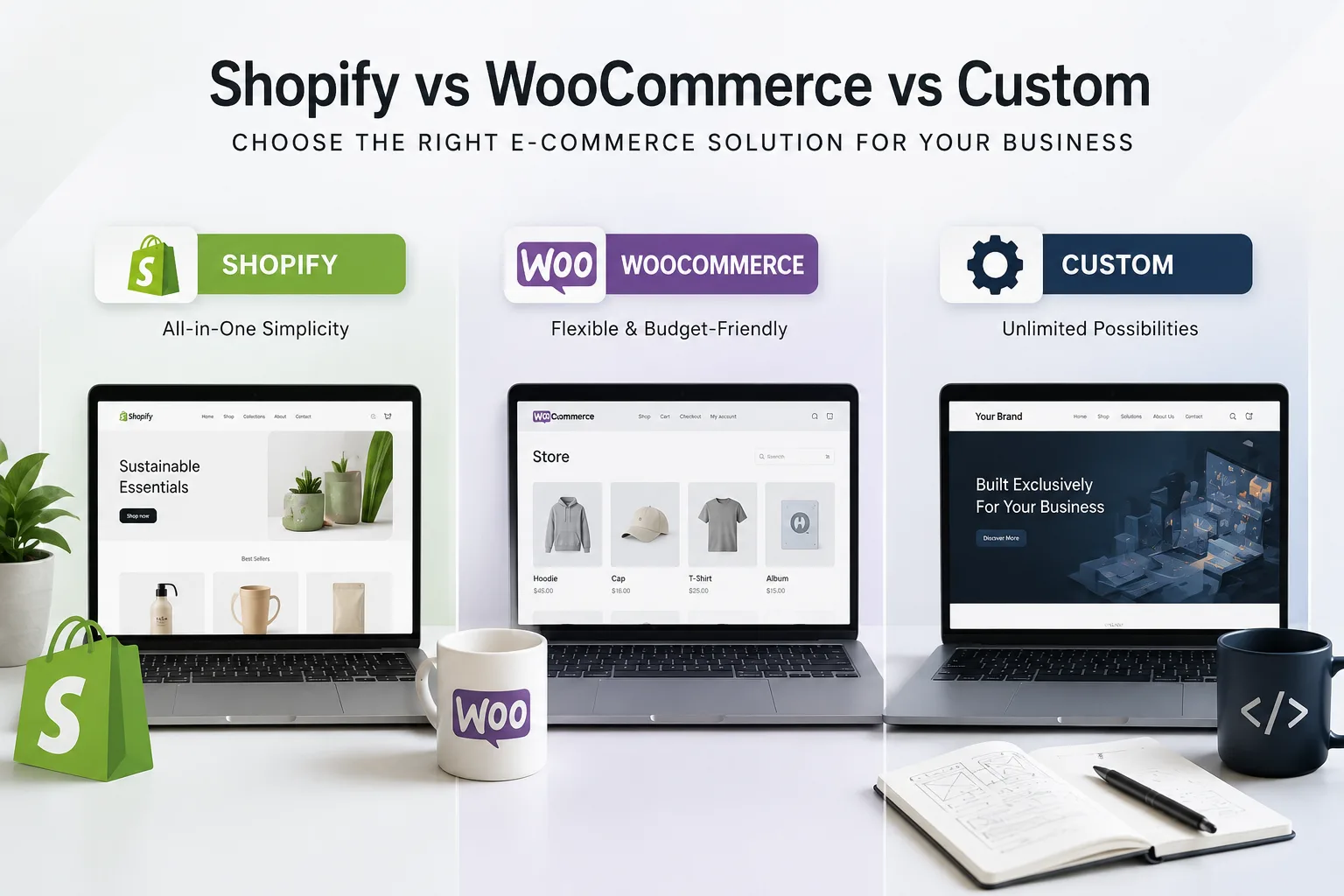 Three laptops comparing Shopify, WooCommerce, and custom eCommerce storefronts side by side