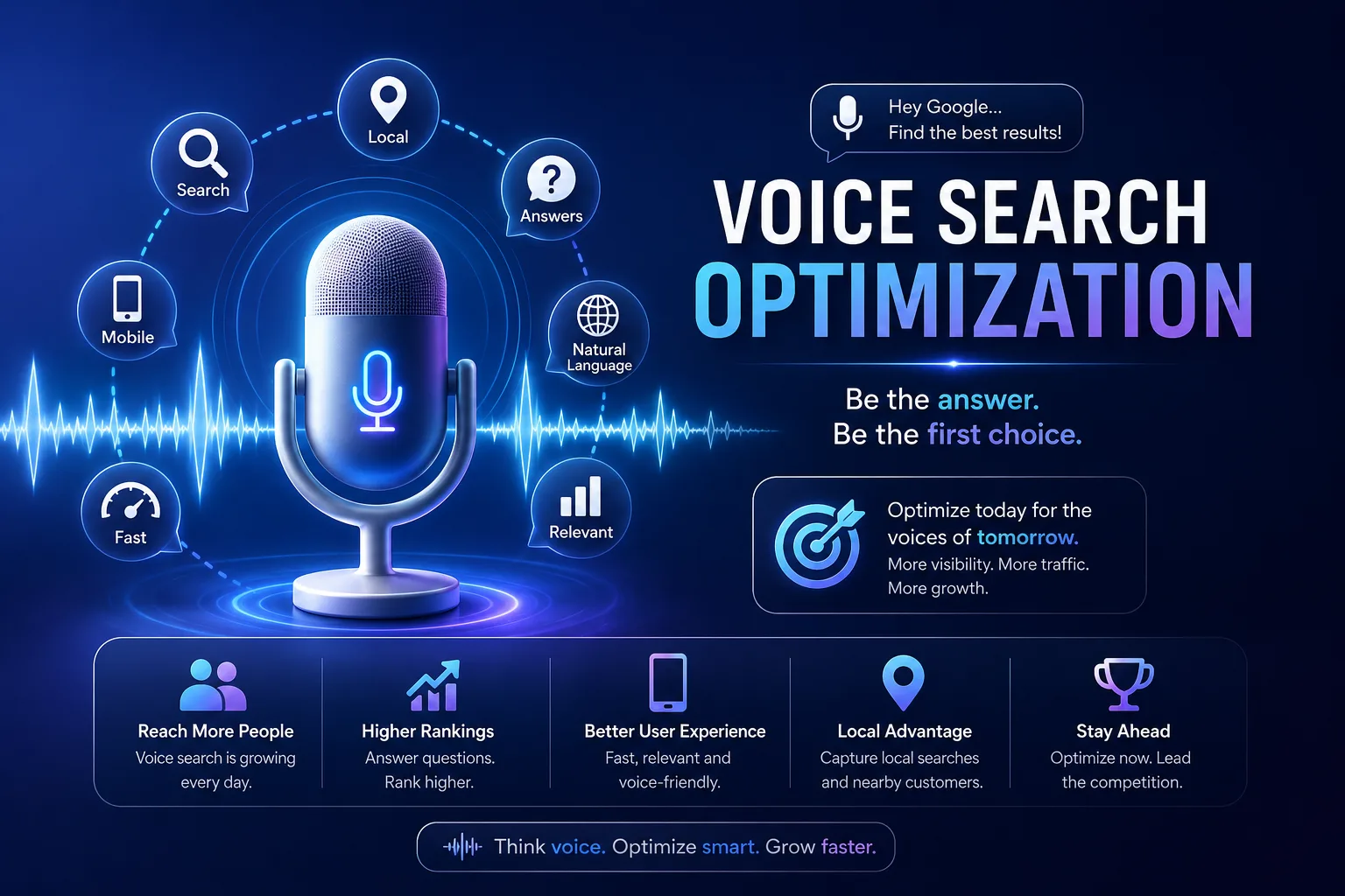 Voice search optimization graphic with a microphone, waveform, and local, mobile, and answer icons