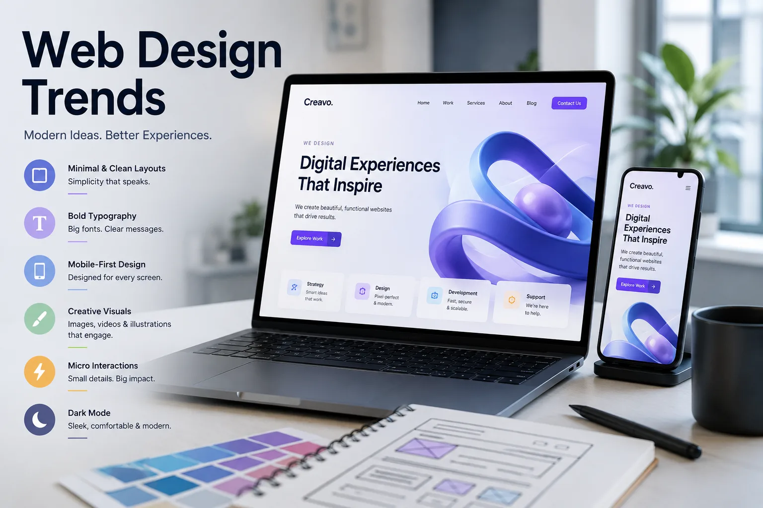 Web design trends 2026 overview with a laptop and phone showing a modern responsive website