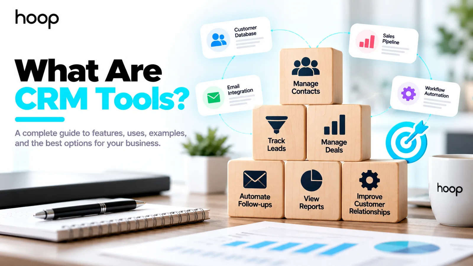Wooden blocks labelled manage contacts, track leads, manage deals, automate follow-ups, view reports, and improve customer relationships, with cards for customer database, sales pipeline, email integration, and workflow automation