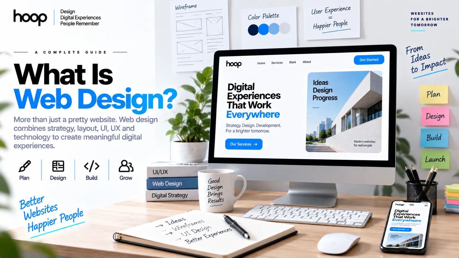 Hoop branded graphic titled “What Is Web Design?” showing a designer’s desk with a website on screen, wireframe sketches, a color palette, and sticky notes reading plan, design, build, launch
