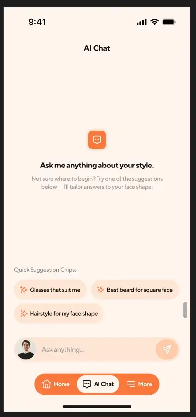 Facelyzer AI chat screen with quick suggestion chips such as glasses that suit me