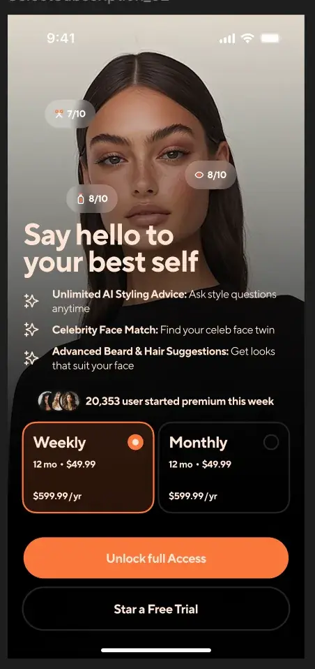 Facelyzer premium screen listing unlimited AI styling advice and plan options with a free trial