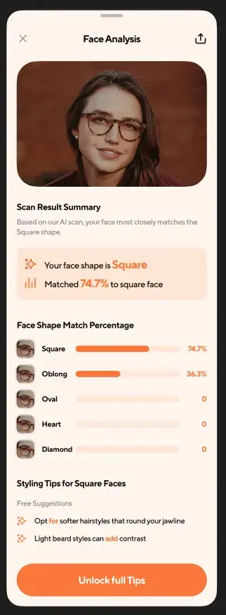 Facelyzer face analysis result screen showing face shape Square matched at 74.7 percent with styling tips