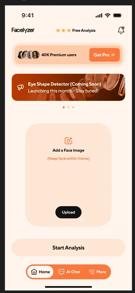 Facelyzer home screen with an Add a Face Image upload area