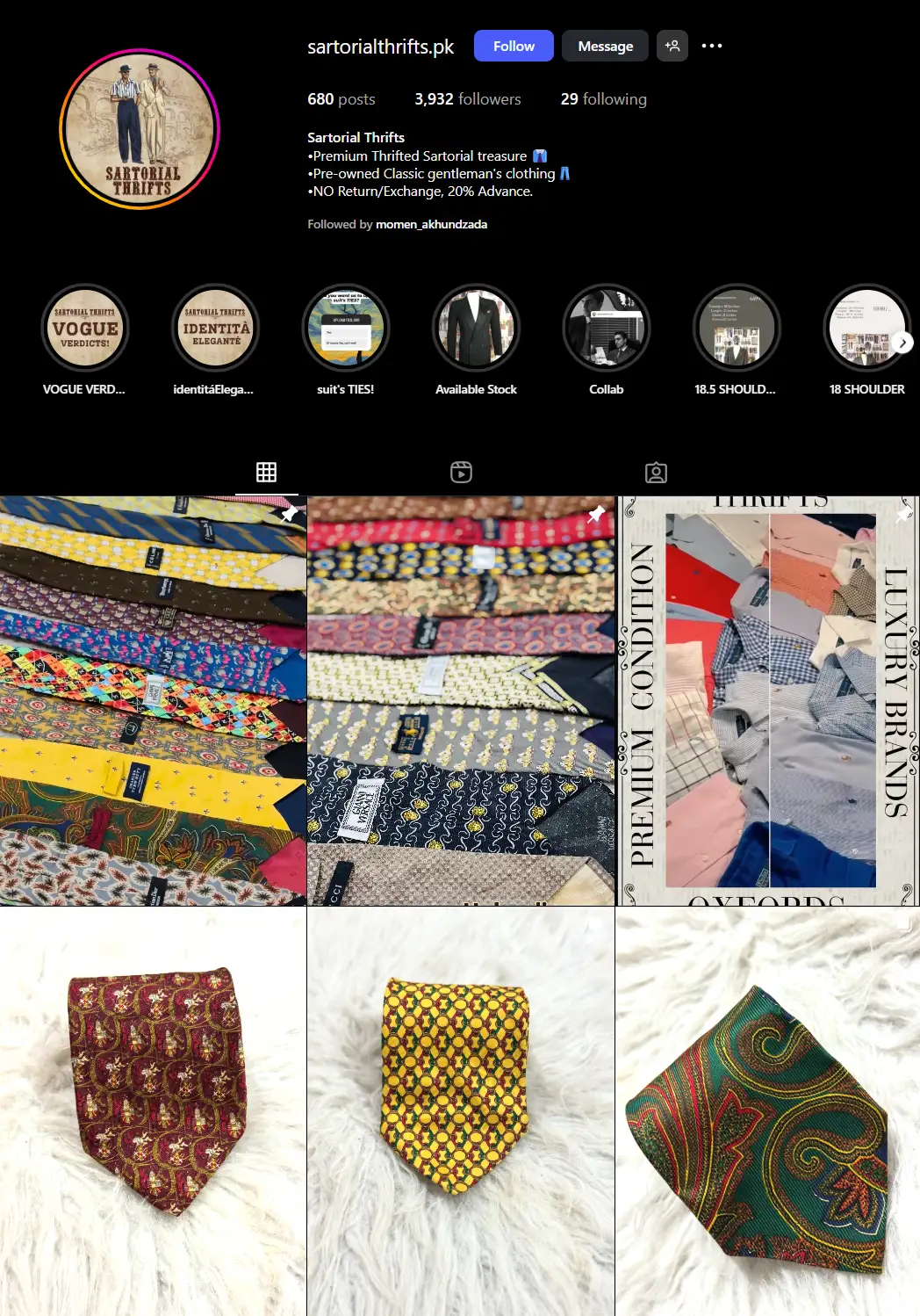 Sartorial Thrifts Instagram feed showing consistent minimalist post templates and product photography