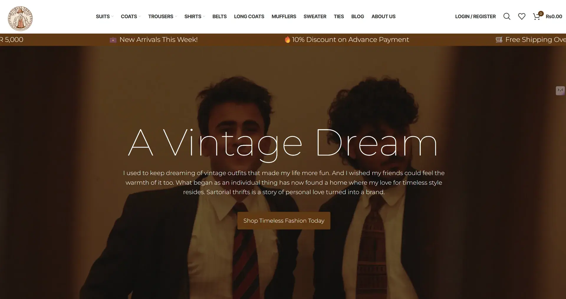 Sartorial Thrifts WordPress storefront homepage: A Vintage Dream