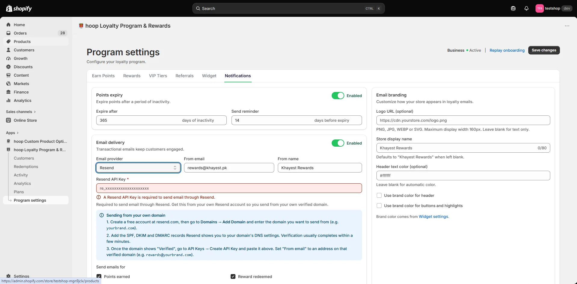 Notifications settings — points expiry, email delivery through Resend and email branding