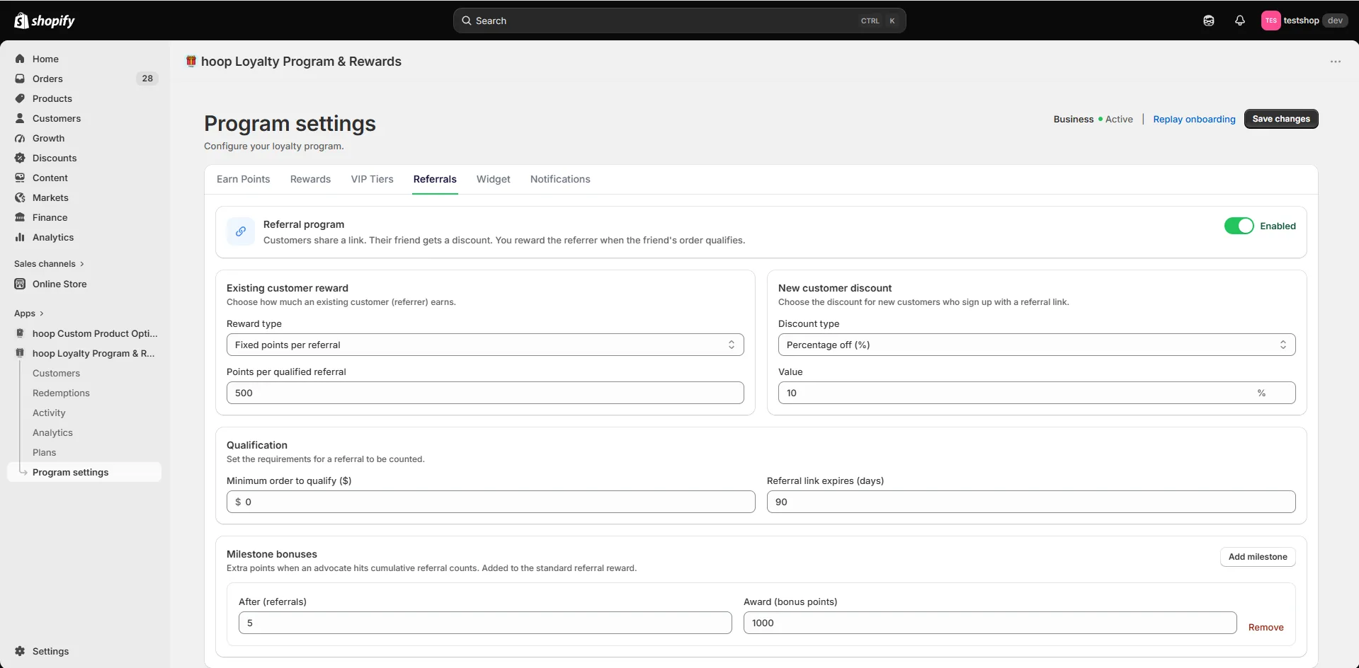 Referrals settings — referrer reward, new customer discount, qualification rules and milestone bonuses