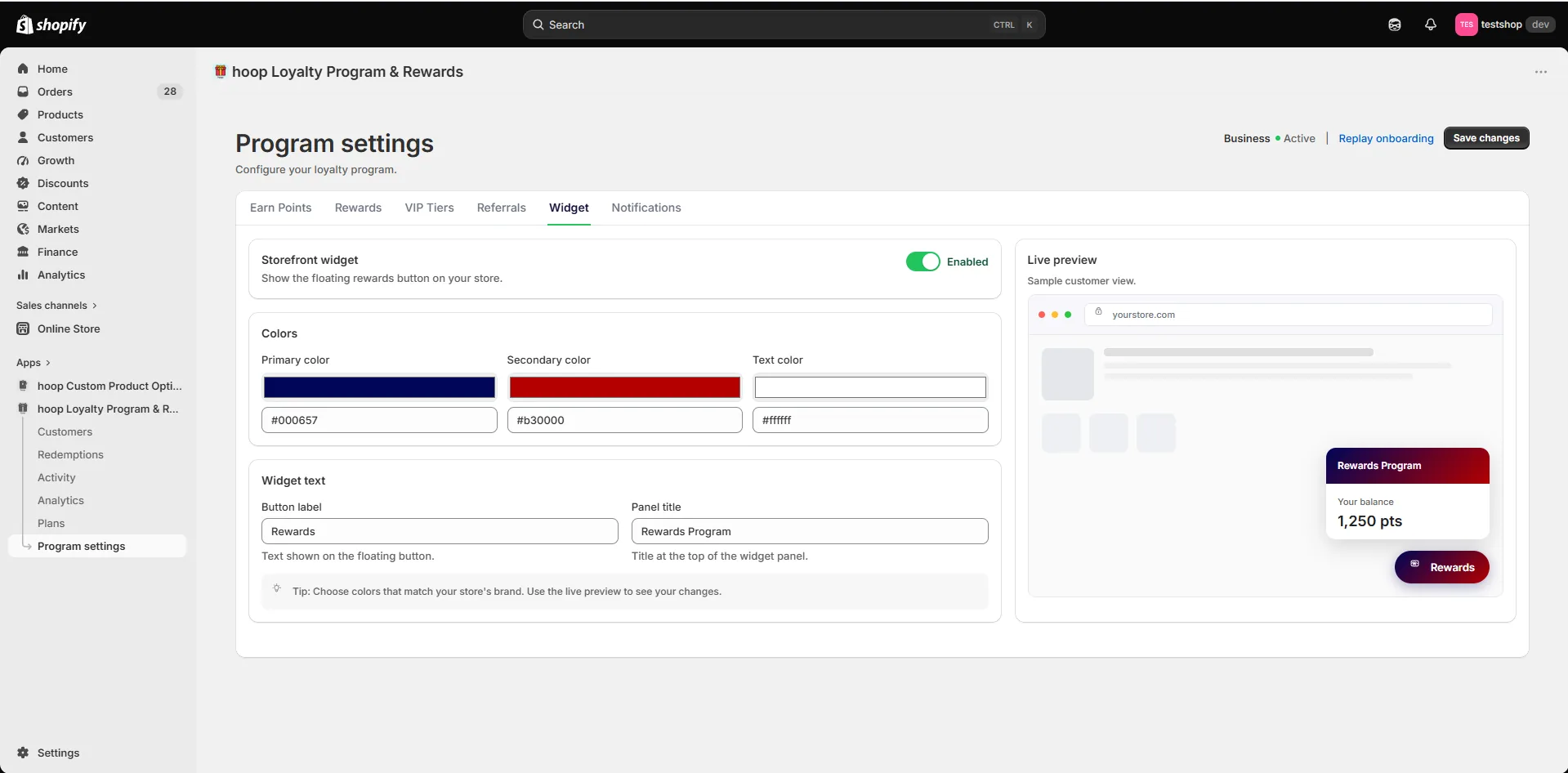 Widget settings — storefront widget colours and text with a live preview of the rewards panel