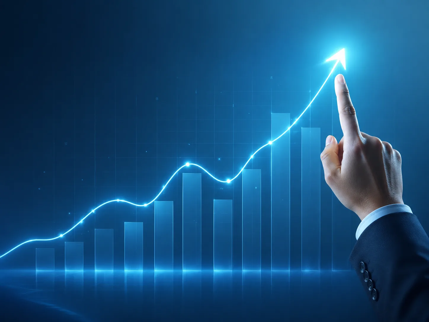 Upward growth curve over rising bars, illustrating measurable returns from AI-supported marketing