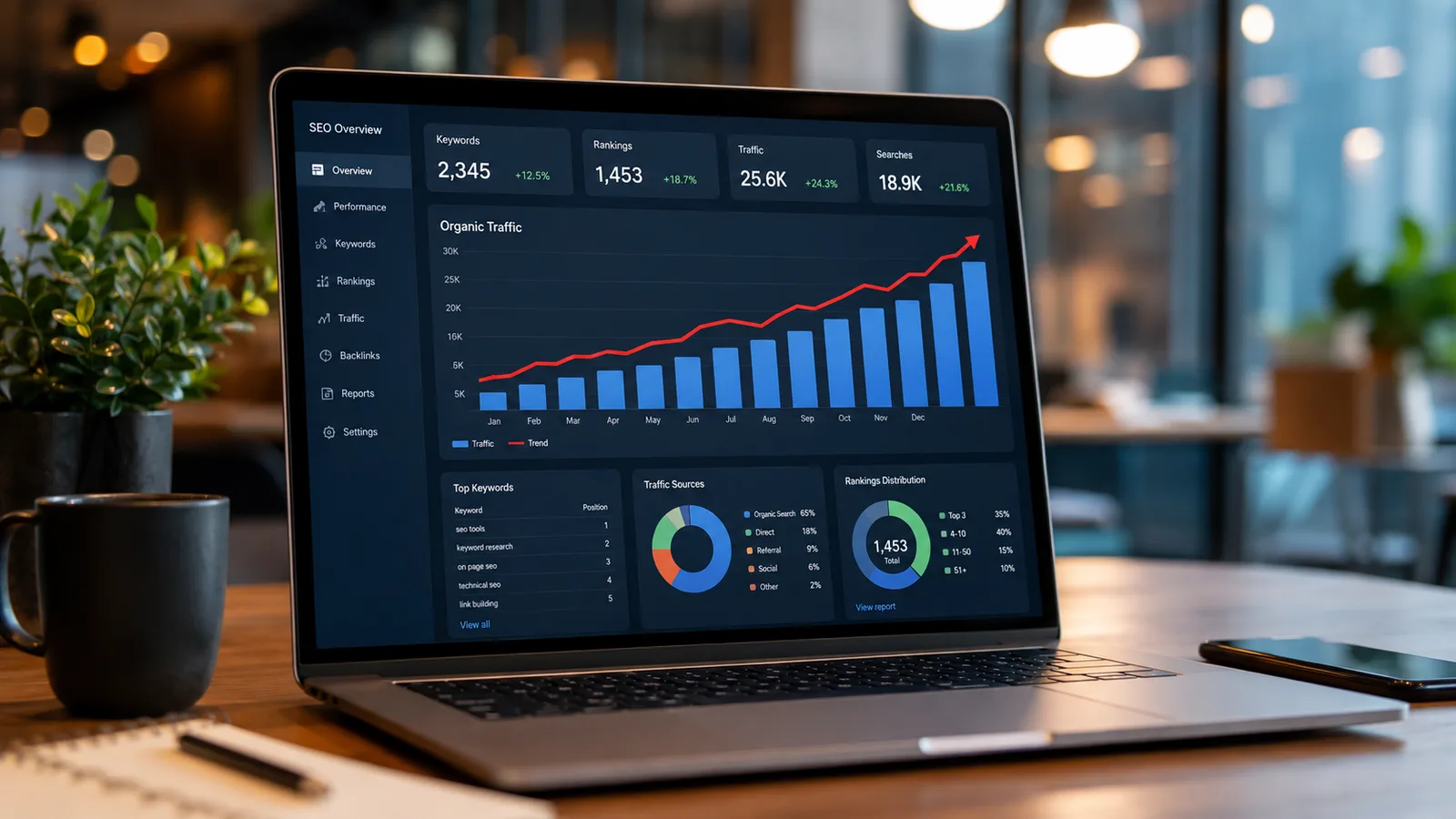 SEO analytics dashboard on a laptop showing keyword, ranking, and organic traffic growth