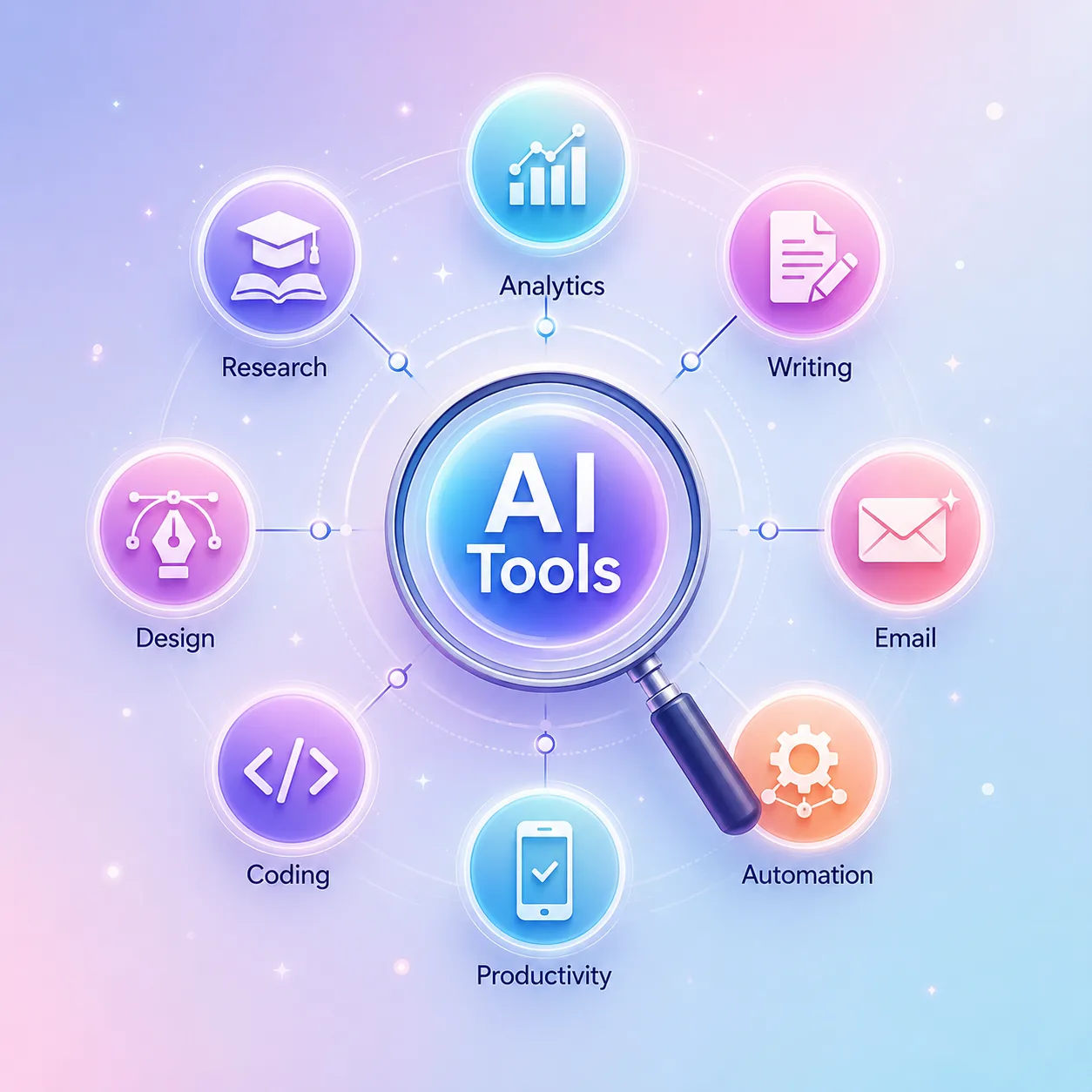 Circular diagram of AI tool categories including research, writing, design, email, automation, and analytics