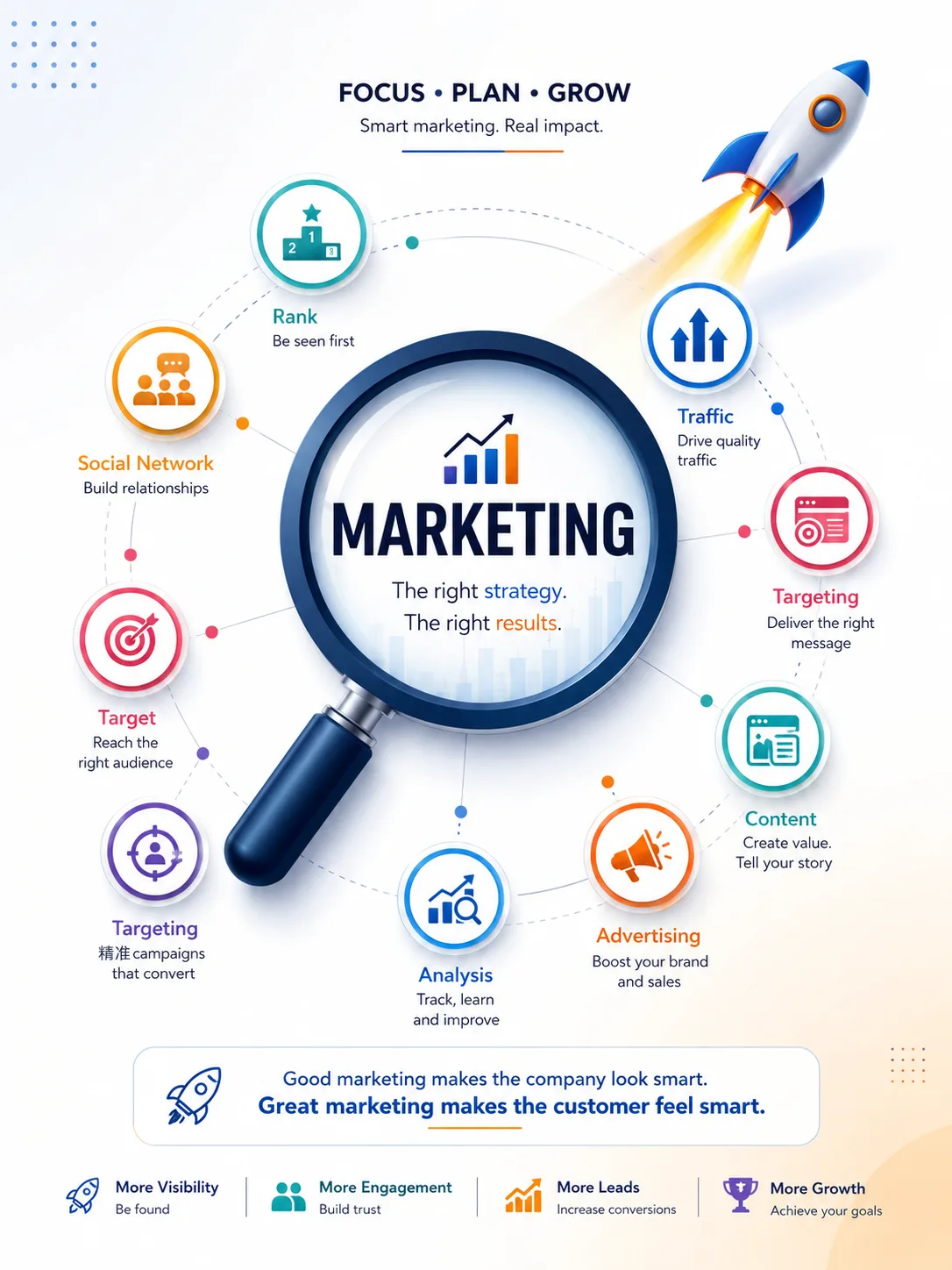 Marketing concept infographic linking rank, traffic, targeting, content, advertising, and analysis