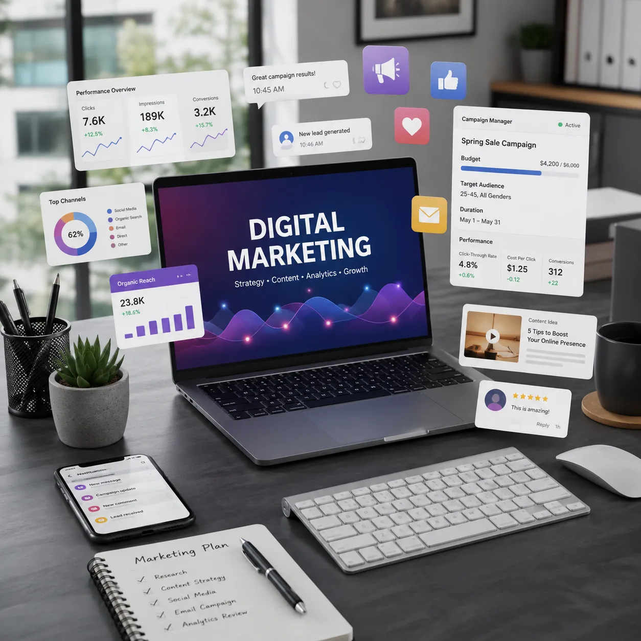 Desk scene with floating campaign dashboards showing clicks, impressions, conversions, and budget