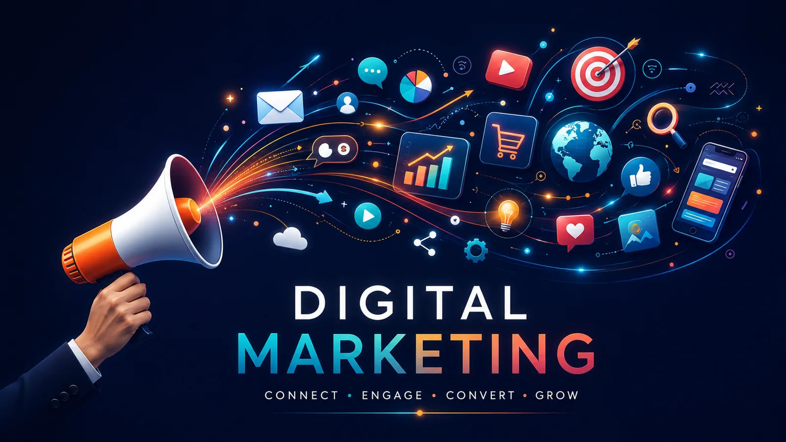 Megaphone projecting digital marketing channel icons across a dark background