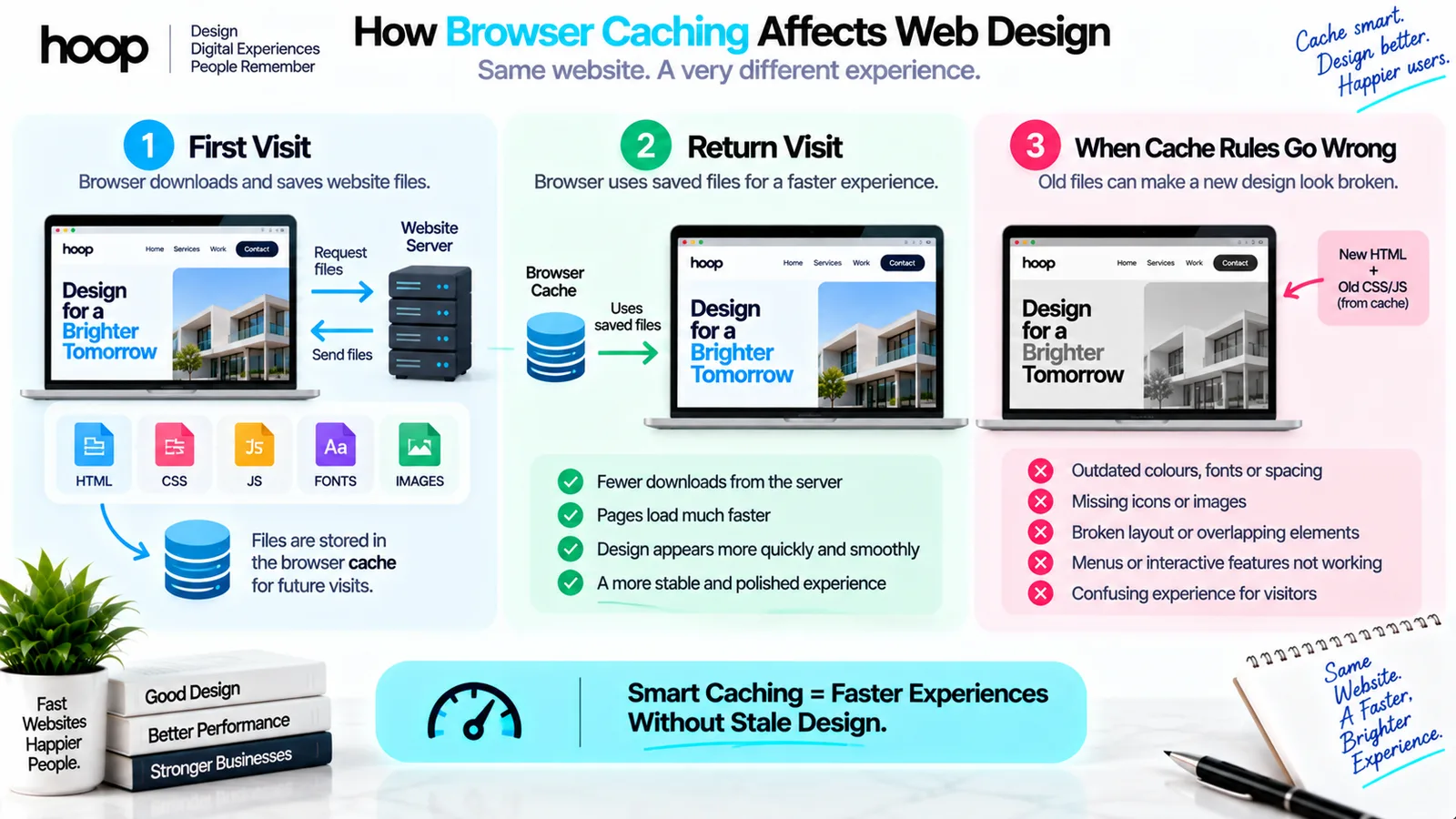 Three-panel diagram of browser caching — a first visit downloading and storing files, a return visit reusing them, and a broken state where new HTML meets old cached CSS and JavaScript