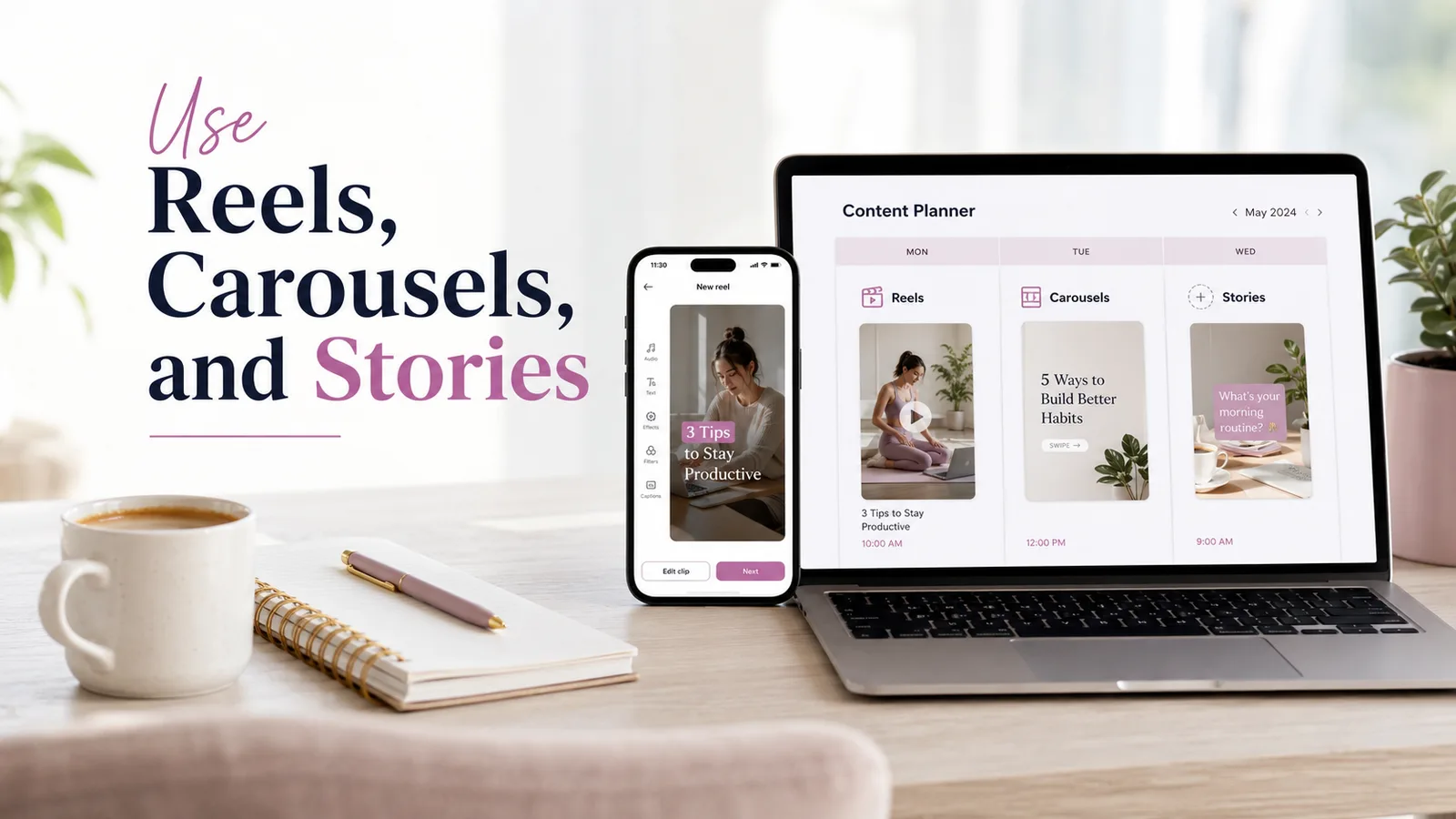 Instagram content system with Reels, carousels, and Stories