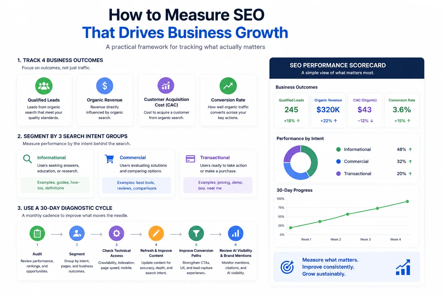SEO measurement framework covering four business outcomes, three intent groups, and a 30-day diagnostic cycle