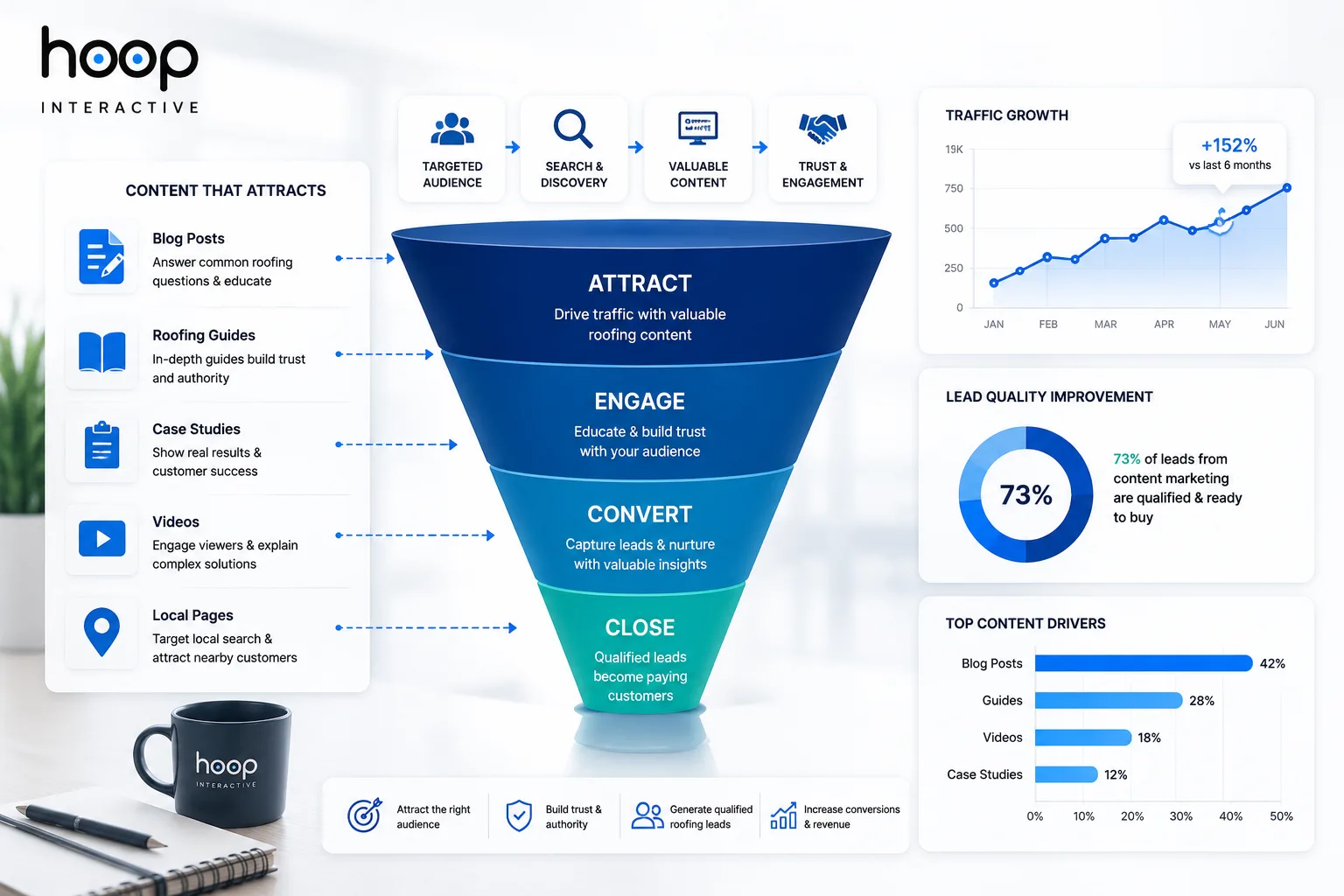 Roofing content marketing funnel from attract to close, with traffic growth and lead quality charts