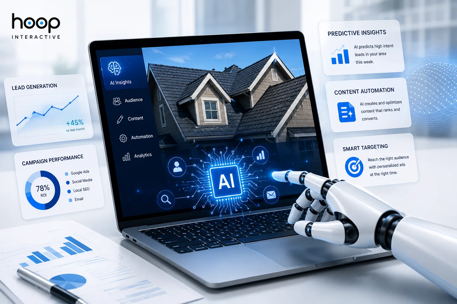 AI marketing dashboard for a roofing company showing predictive insights, content automation, and smart targeting