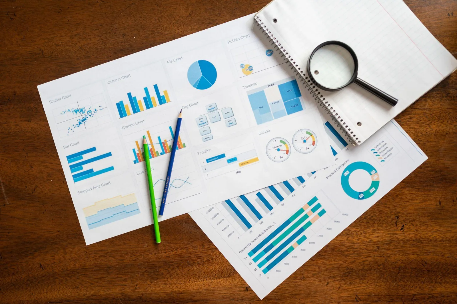 Printed analytics charts and a magnifying glass spread across a wooden desk