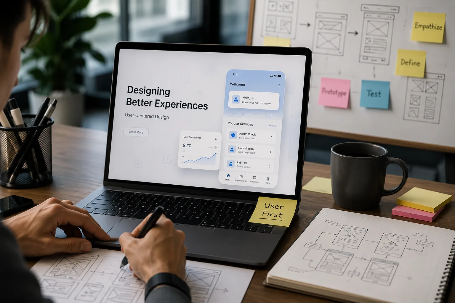 Designer refining an eCommerce user interface on a laptop beside wireframe sketches