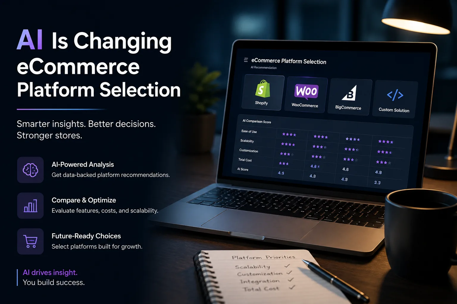 AI platform comparison dashboard scoring Shopify, WooCommerce, BigCommerce, and a custom solution