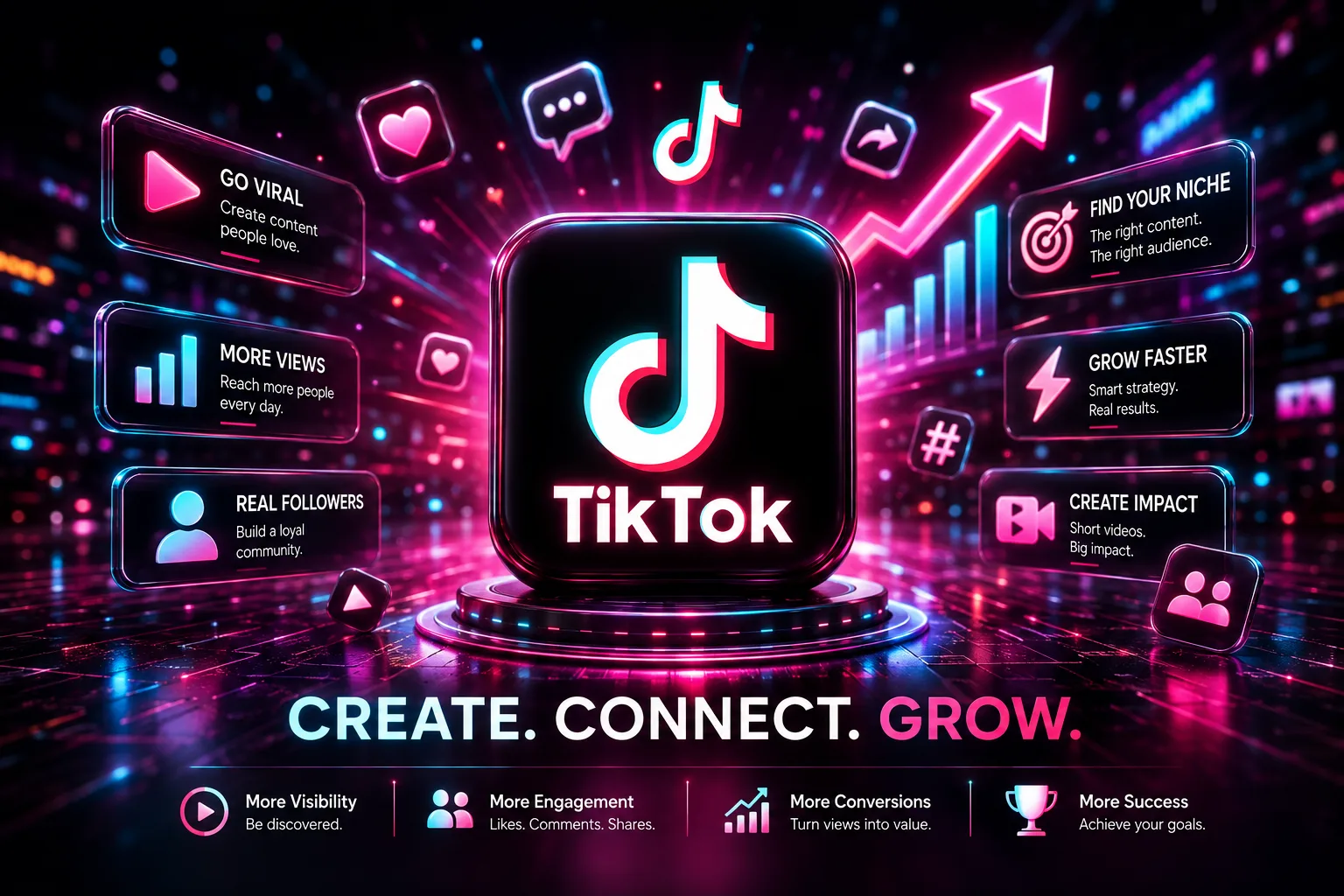 Neon TikTok concept graphic surrounded by panels for reach, engagement, followers, and conversions