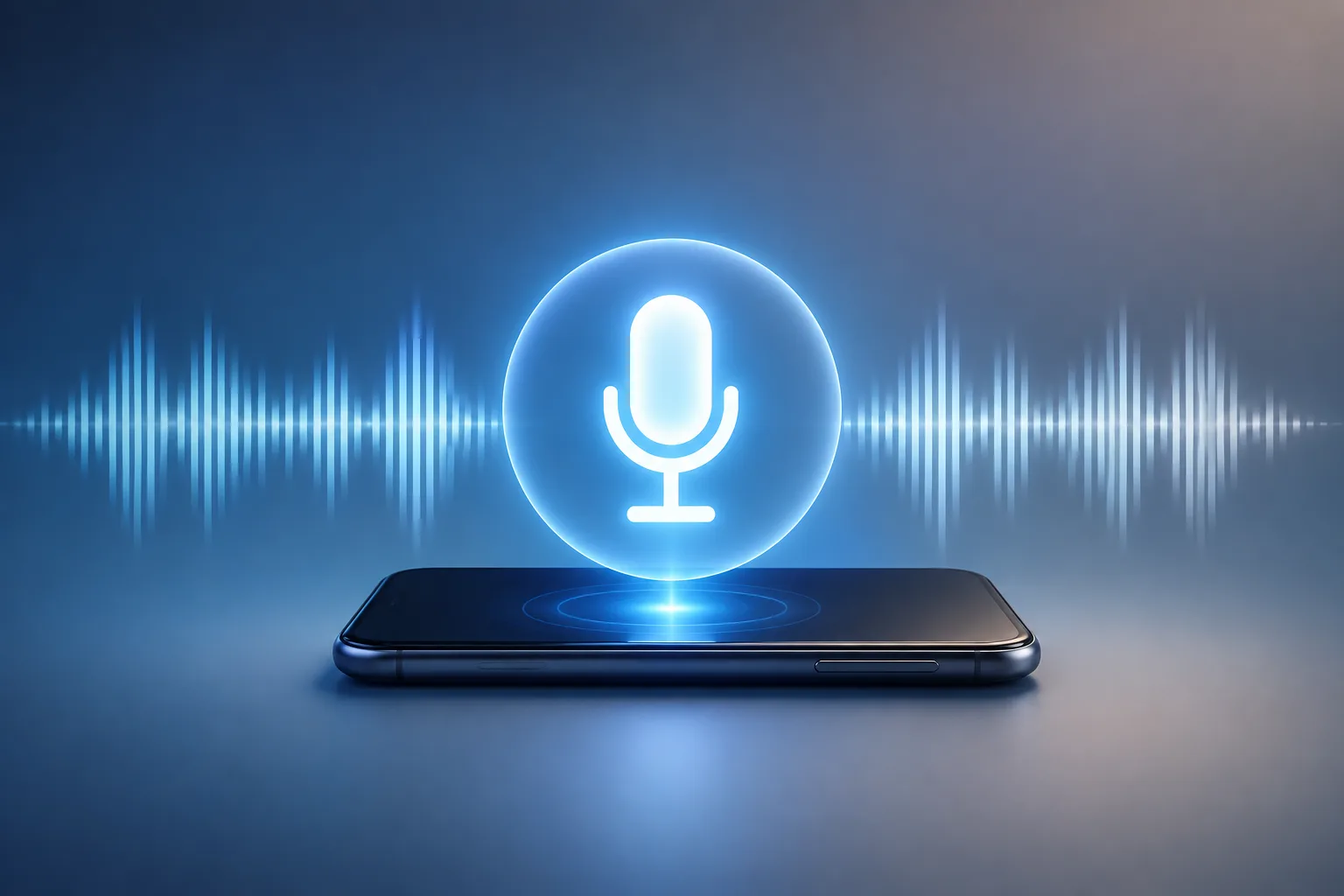 Glowing microphone icon above a smartphone with an audio waveform, representing a spoken query