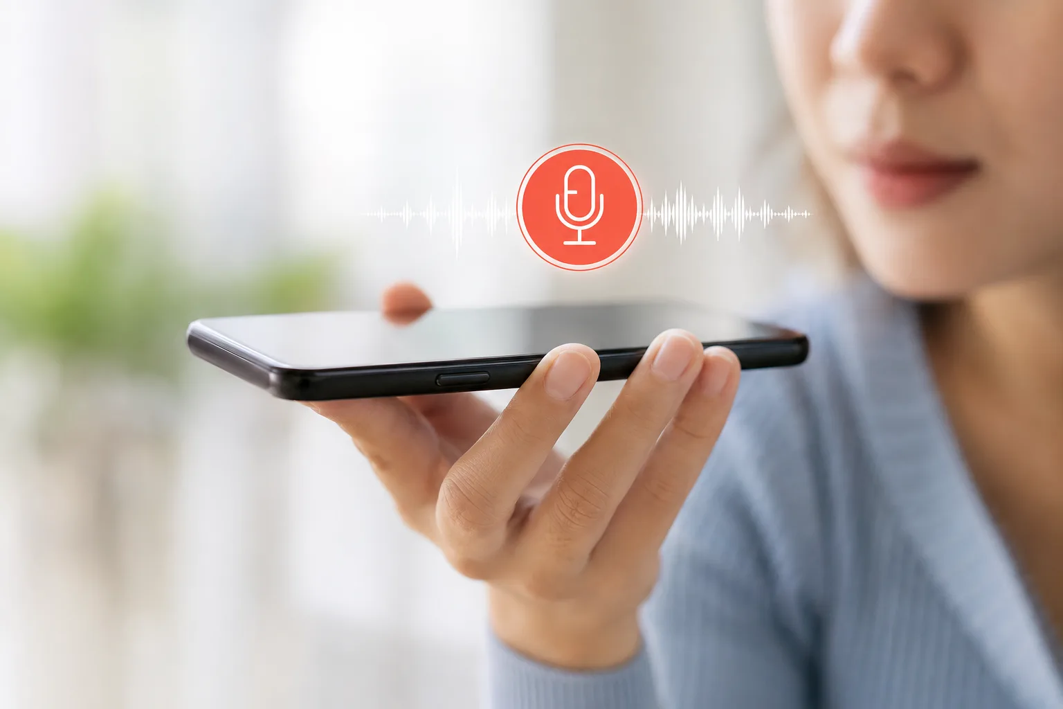 Person speaking into a smartphone held flat, with a microphone icon and waveform above the screen