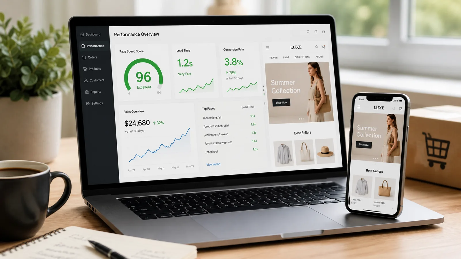 Website performance dashboard showing a 96 page speed score, 1.2 second load time, and 3.8% conversion rate