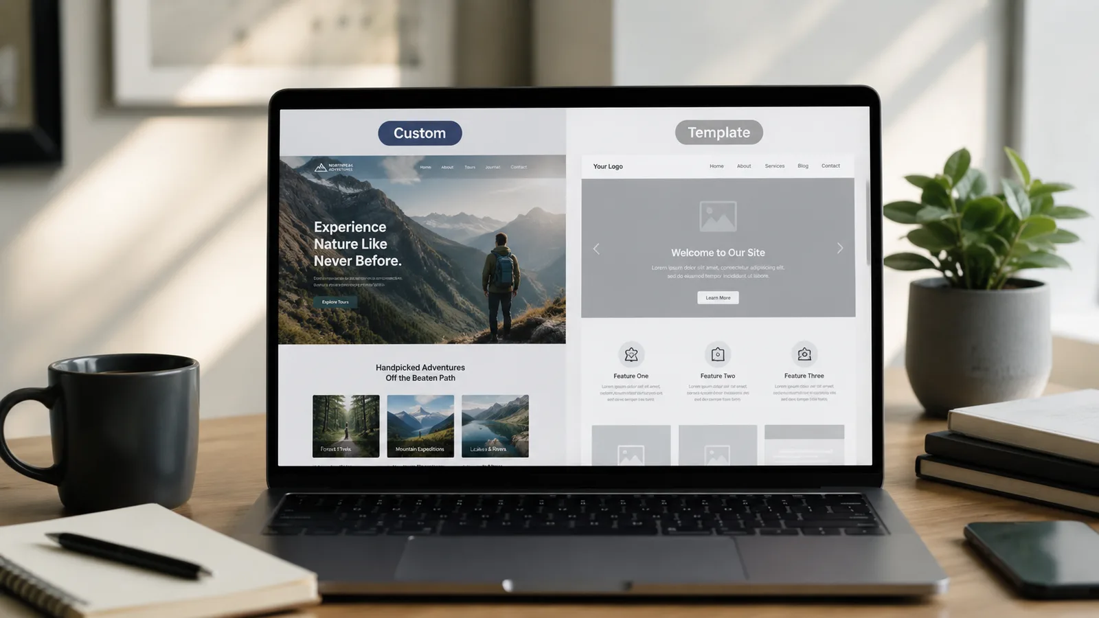 Split-screen comparison of a custom website design against a generic template layout