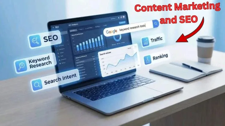 Content marketing and SEO concept with keyword research, traffic, and ranking on a laptop