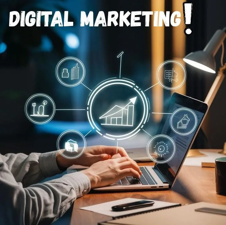 Digital marketing channels connected around a laptop — search, social, email, and analytics