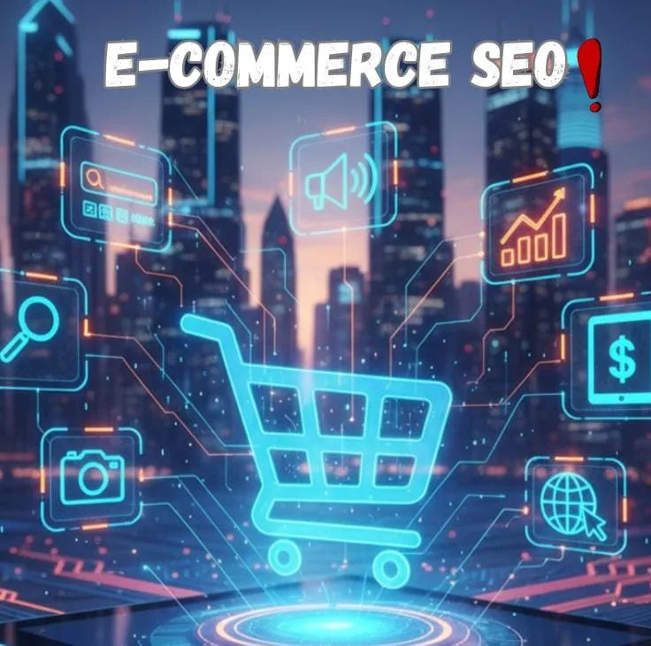 E-commerce SEO concept with a shopping cart and search, analytics, and payment icons