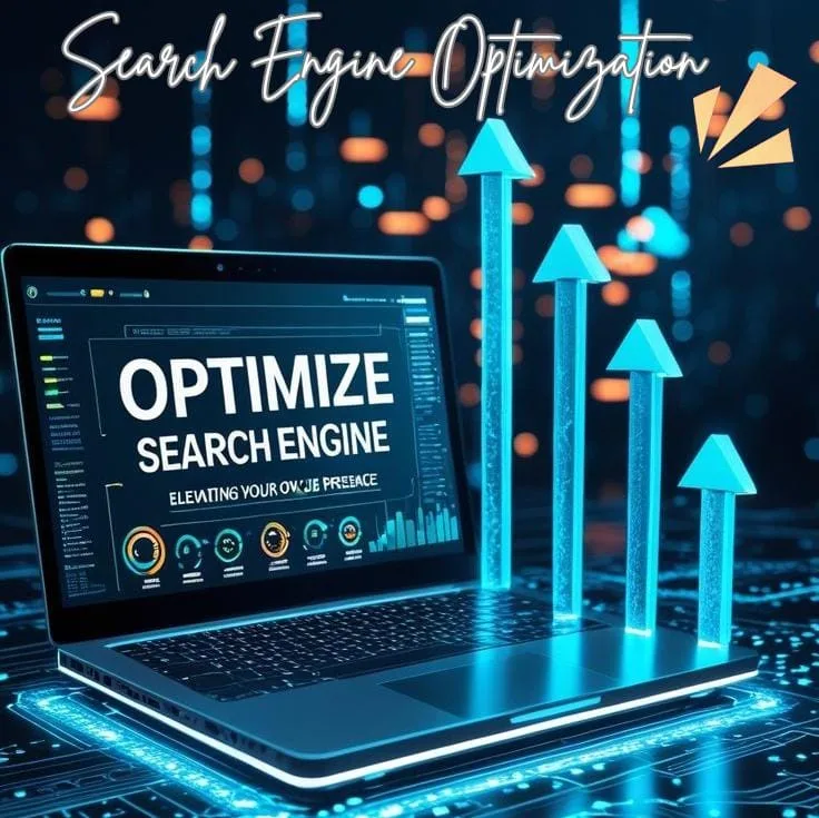 Search engine optimization concept with a laptop and rising performance arrows