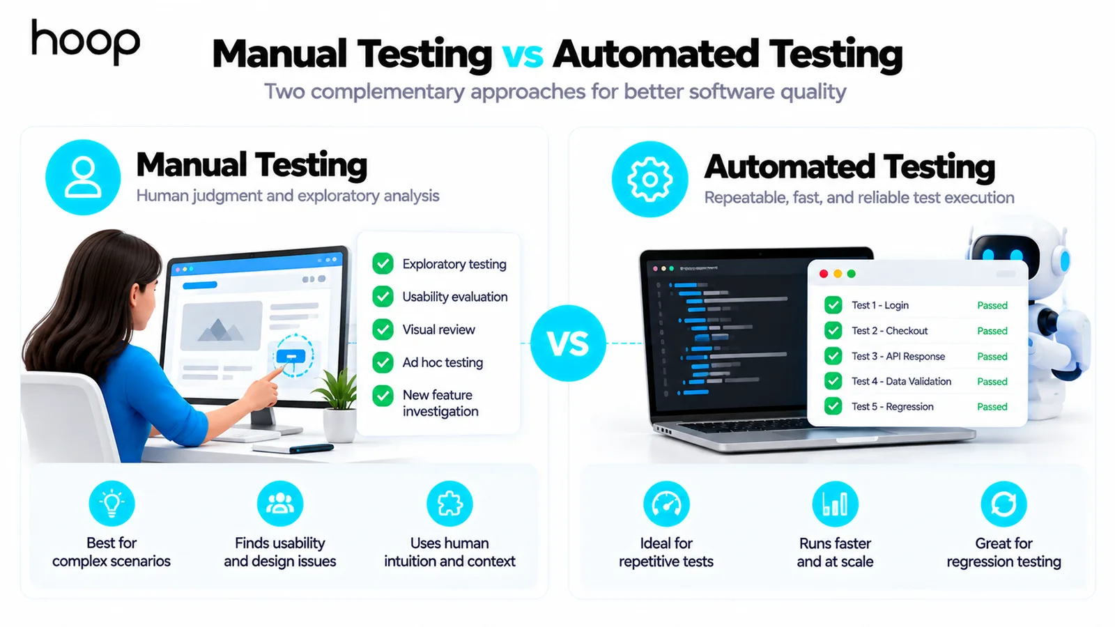 Manual testing compared with automated testing, showing exploratory and usability work on one side and a repeatable suite of login, checkout, API, data validation, and regression checks on the other