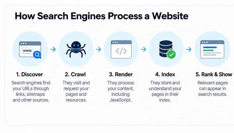 Five stages of how search engines process a website — discover, crawl, render, index, and rank and show