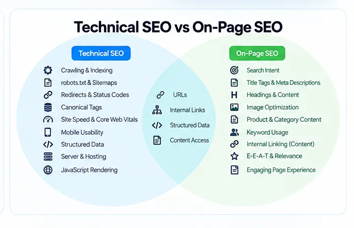 Venn diagram comparing technical SEO and on-page SEO, with URLs, internal links, structured data, and content access sitting in the overlap