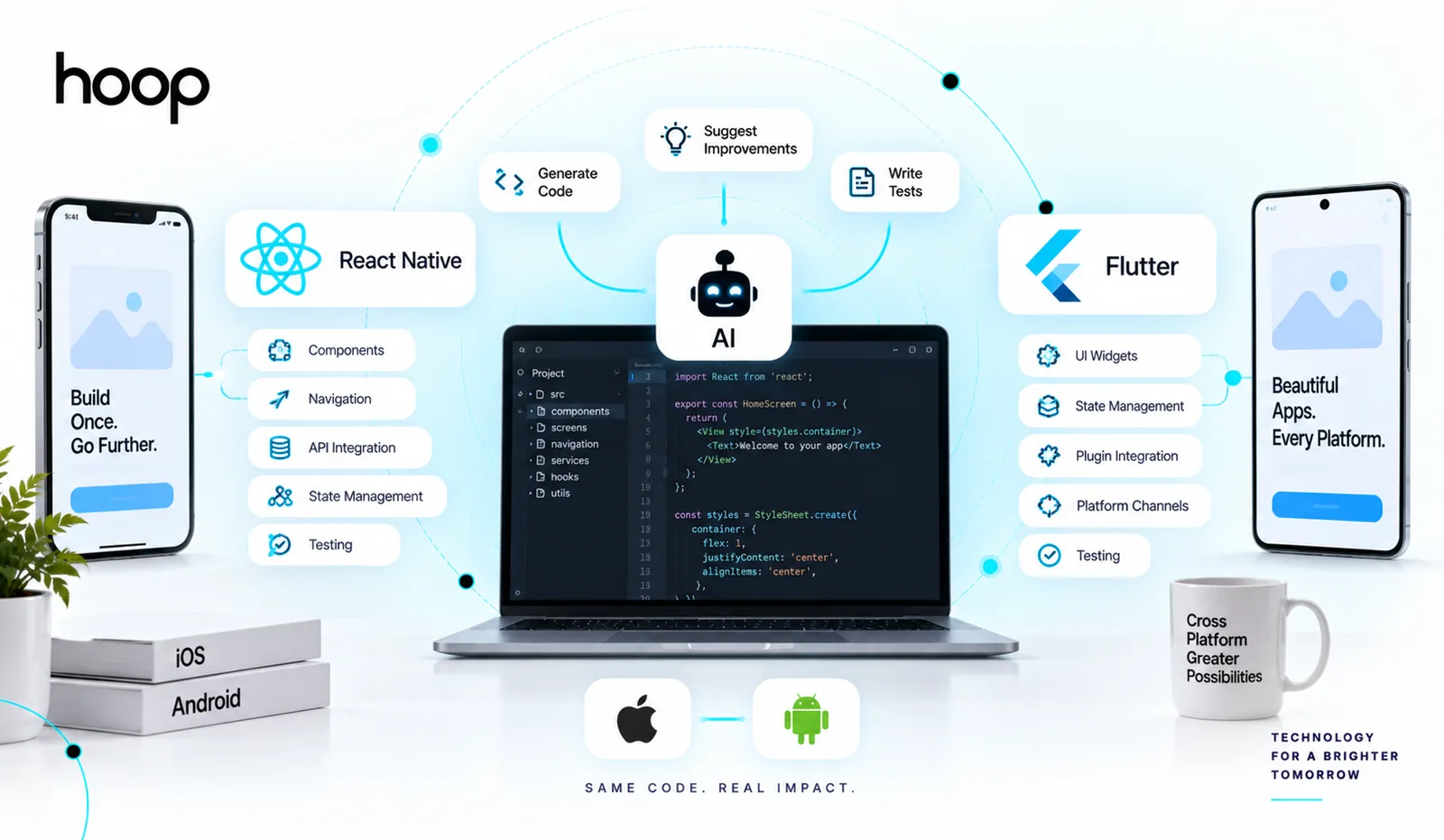 AI at the centre of a cross-platform workflow generating code, tests, and improvements for React Native and Flutter, with one codebase shipping to iOS and Android